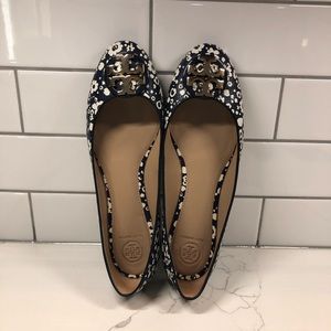 Tory Burch Leather Ballet Flats, Sz 10 Navy Floral